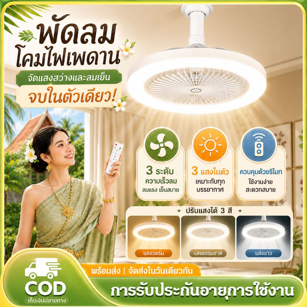 【รับประกัน30ปี】พัดลม E27 โคมไฟเพดาน LED พัดลมโคมไฟ ลมแรงสุดแรง พัดลมติดเพดาน ไฟ LED 3 สี
