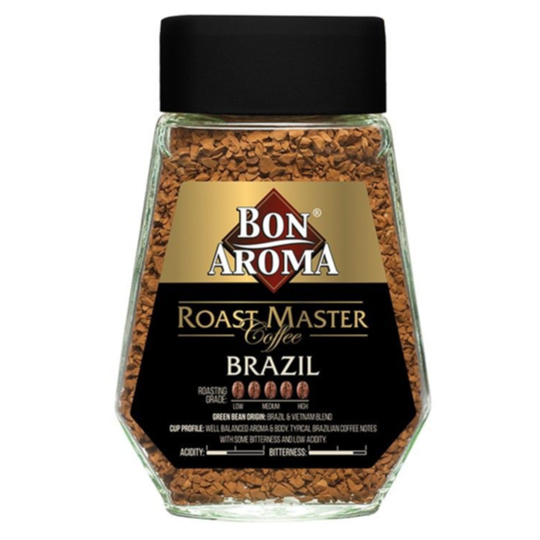 Bon Aroma Roast Master Coffee Brazil 100g. บอนอโรม่า บราซิล กาแฟสำเร็จรูป ขวด 100g.