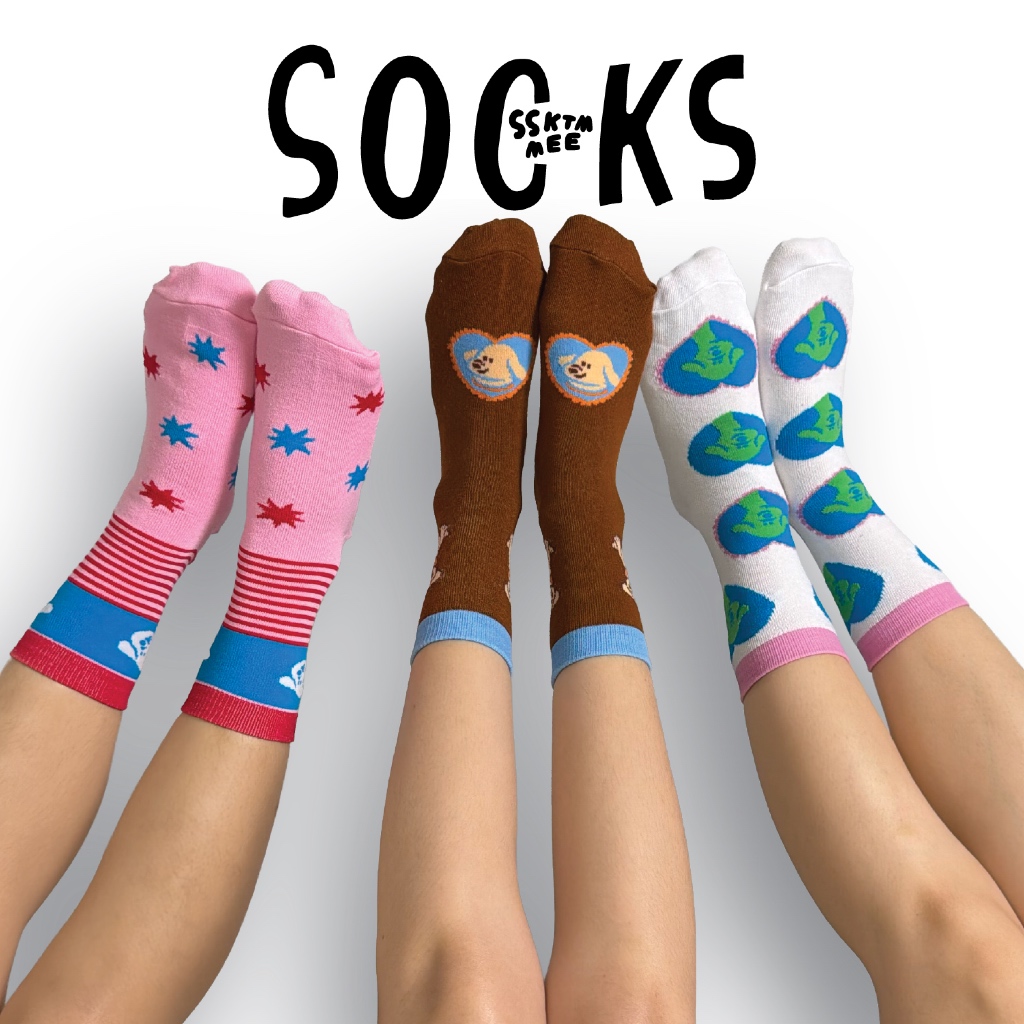 ssktmmee - Socks ถุงเท้าข้อกลาง ทอลายน่ารัก