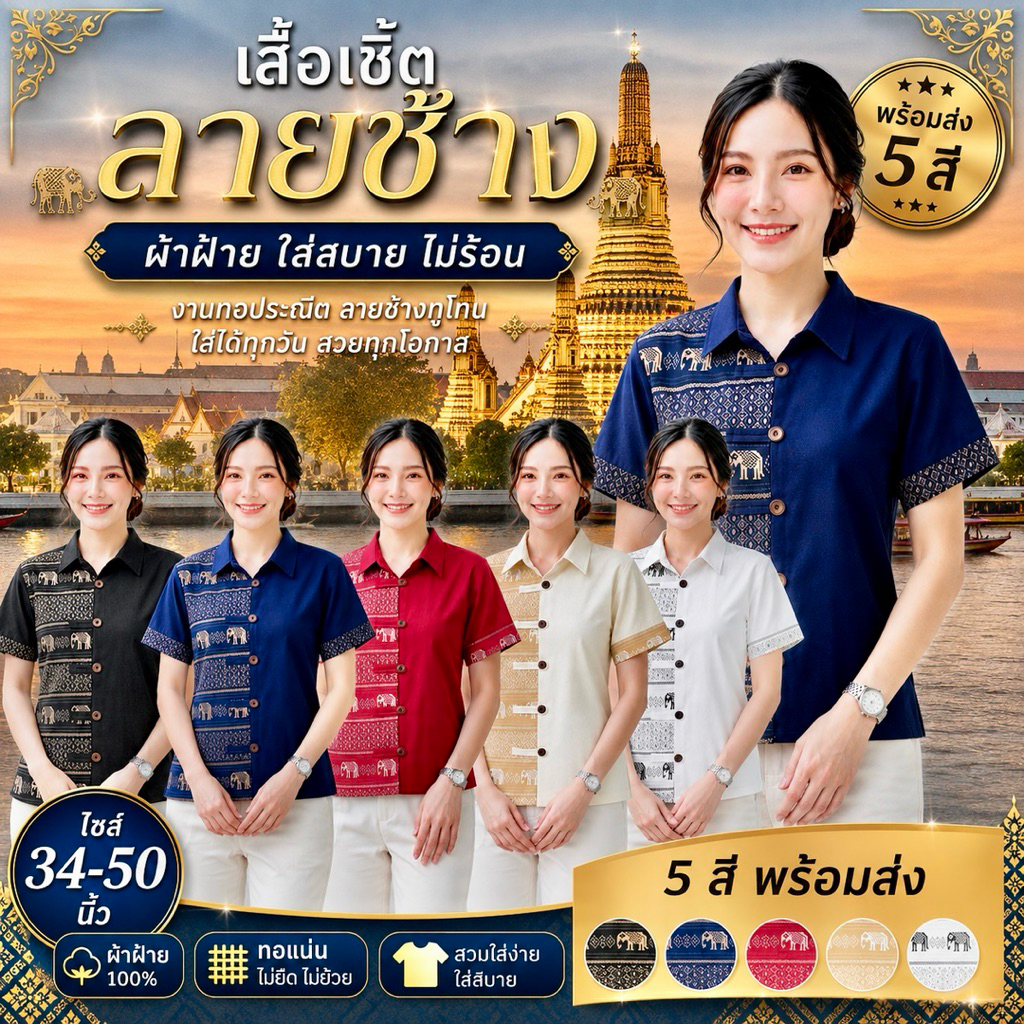 เสื้อคอปก/เชิ้ต ลายช้างทูโทน (มี5สี)🐘