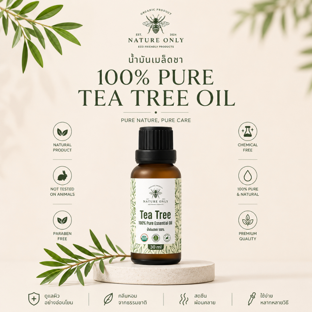 น้ำมันเมล็ดชา หรือ น้ำมัน ทีทรีออย (Tea Tree Oil) 100% PURE ESSETIAL OIL ขนาด 30 มล.