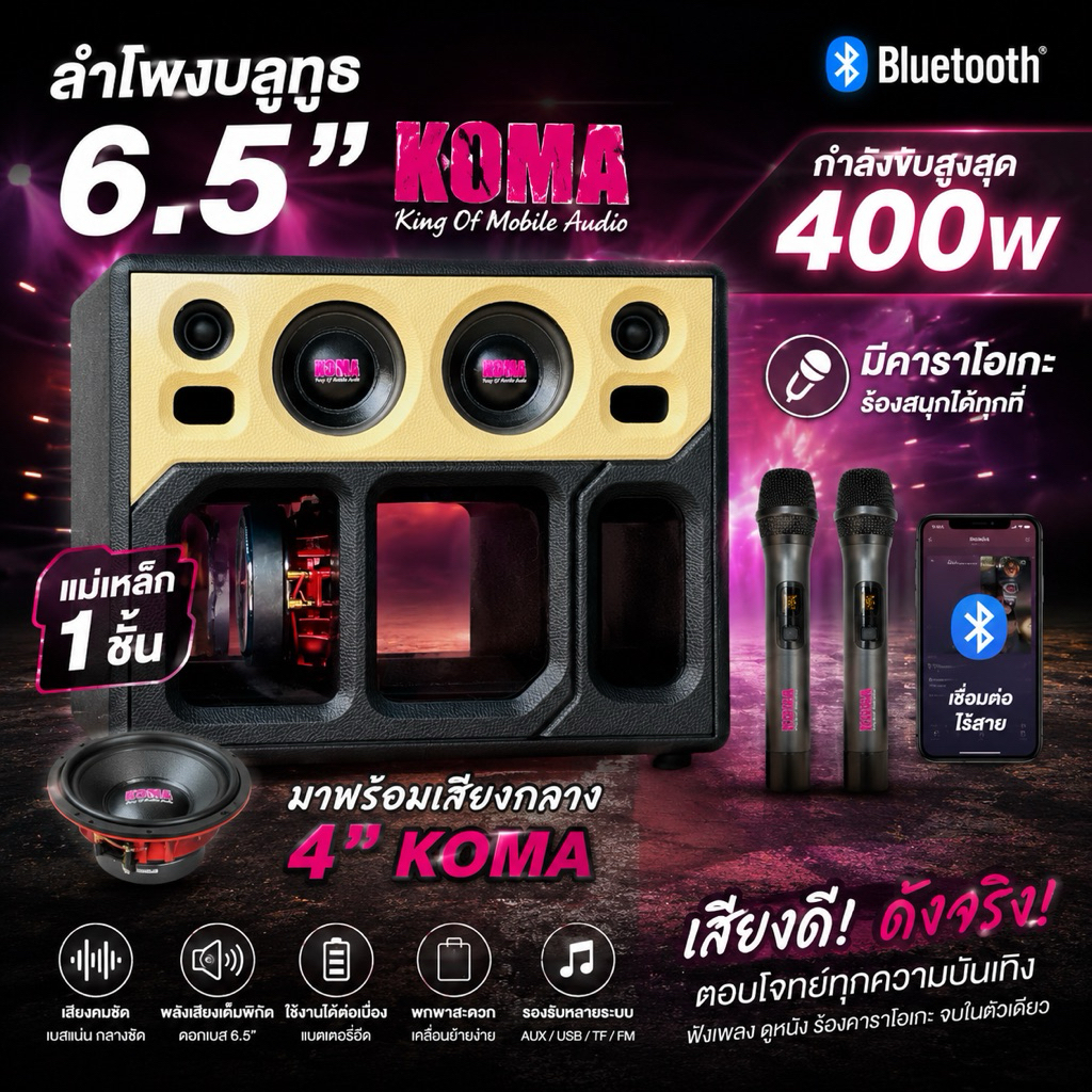 ลำโพงบลูทูธ DIY 6.5 1ชั้น koma 400w มีคาราโอเกะในตัว (ไม่ได้แถมไมล์)