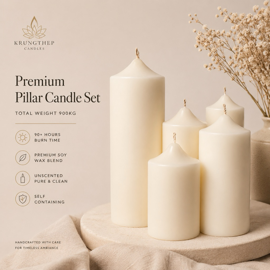 เซ็ตเทียนเสาไร้กลิ่น 6ชิ้น Unscented Pillar Candle Set 1.25L | 200+ hr Burn Time | Premium Soy Wax Blend | Krungthep C