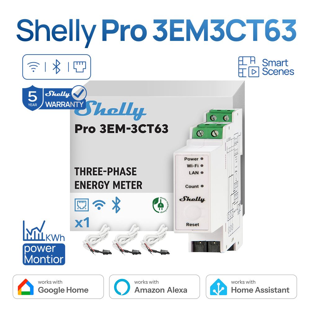 Shelly Pro 3EM 3CT63 มิเตอร์วัดพลังงาน 3 เฟส WiFi/LAN รองรับโซลาร์ PV ตรวจสอบไฟฟ้าแบบเรียลไทม์ ไม่ต้องใช้ Hub