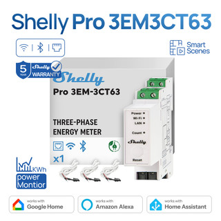 Shelly Pro 3EM 3CT63 มิเตอร์วัดพลังงาน 3 เฟส WiFi/LAN รองรับโซลาร์ PV ตรวจสอบไฟฟ้าแบบเรียลไทม์ ไม่ต้องใช้ Hub