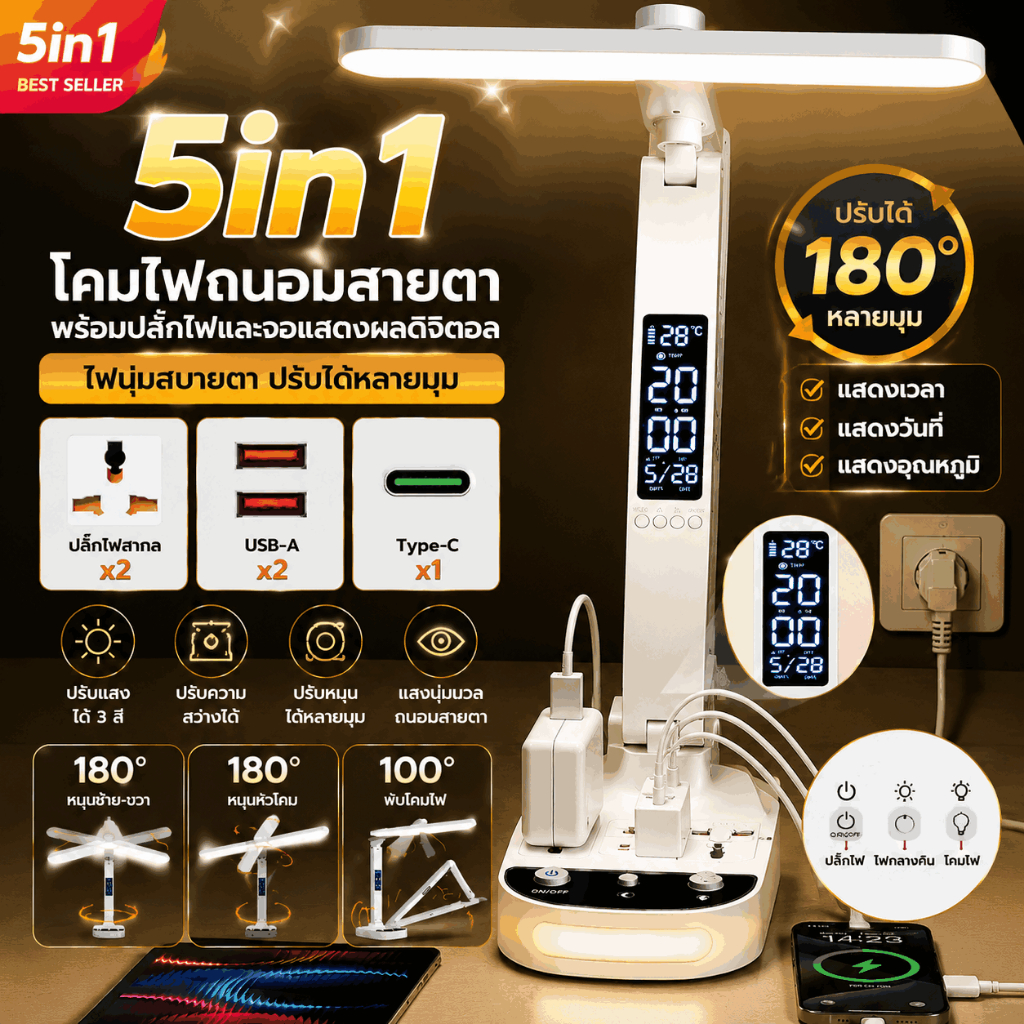 โคมไฟอ่านหนังสือ LED แสงนุ่มนวล 5IN1 พร้อมช่องเสียบไฟ USB-C นาฬิกาดิจิตอล อุณหภูมิ เหมาะกับโต๊ะทำงาน