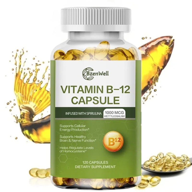Vitamin B12 Capsule 1000 mcg with Organic Spirulina สไปรูลินาอินทรีย์ สนับสนุนอารมณ์ พลังงาน หัวใจ และตา