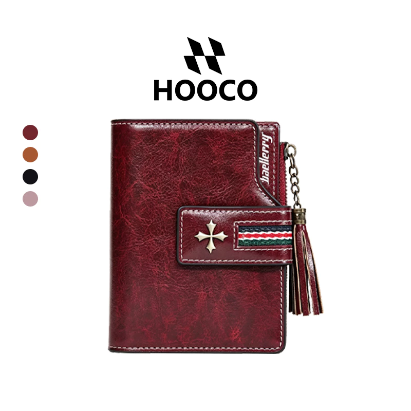 HOOCO กระเป๋าสตางค์ กระเป๋าสตางค์สั้น ผิวหนังวินเทจ ตกแต่งพู่ด้าม ซิปใส่เหรียญ กระเป๋าเงินผู้หญิง