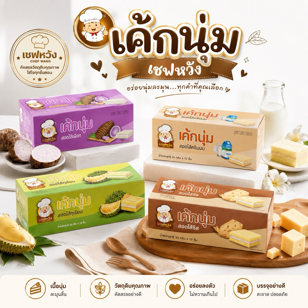 เค้กนุ่ม ตรา เชฟหวัง หลายรสชาติ  1 กล่อง 12 ชิ้น หอมนุ่มอร่อย