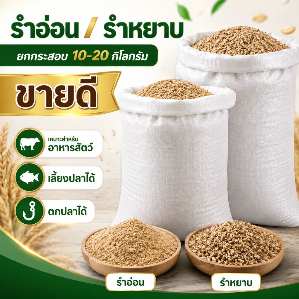รำอ่อน รำหยาบ ยกกระสอบ 10-20 กก. รำข้าวคัดคุณภาพ สำหรับอาหารสัตว์ เลี้ยงปลา ตกปลา (จำกัด 1 กระสอบต่อ 1 คำสั่งซื้อ)