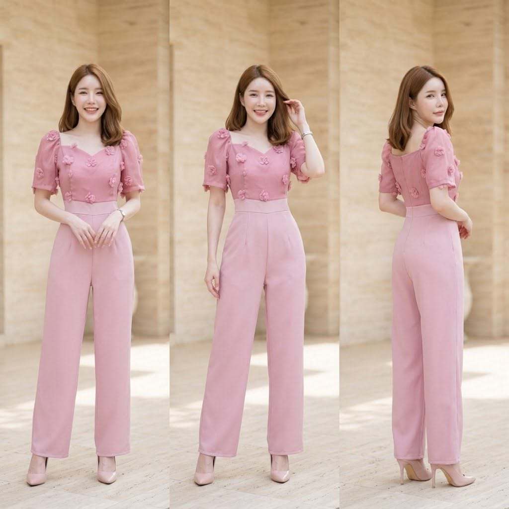 จั้มสูทขายาว แขนตุ๊กตา แต่งปอม สีฟ้า สีแดง สีโอรส สีชมพู พร้อมส่ง ใส่ได้หลายโอกาส งานสวย ตามแบบ ตรงปก