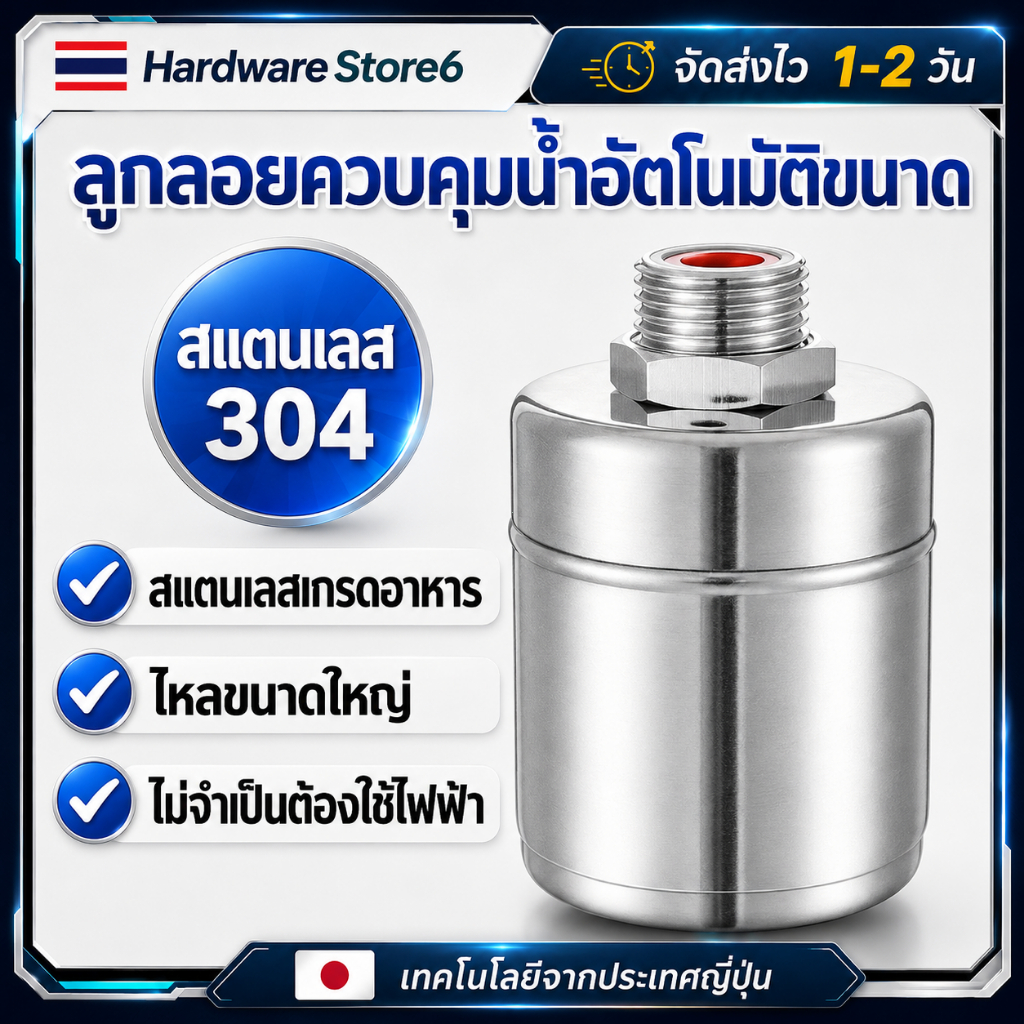 Hardware Store6 จัดส่งภายใน 24 ชม. ลูกลอยควบคุมน้ำอัตโนมัติ สแตนเลส304 ขนาด 1/2 3/4 1นิ้ว น้ำเต็มหยุดเอง ทนร้อน ไม่ใช้ไฟ