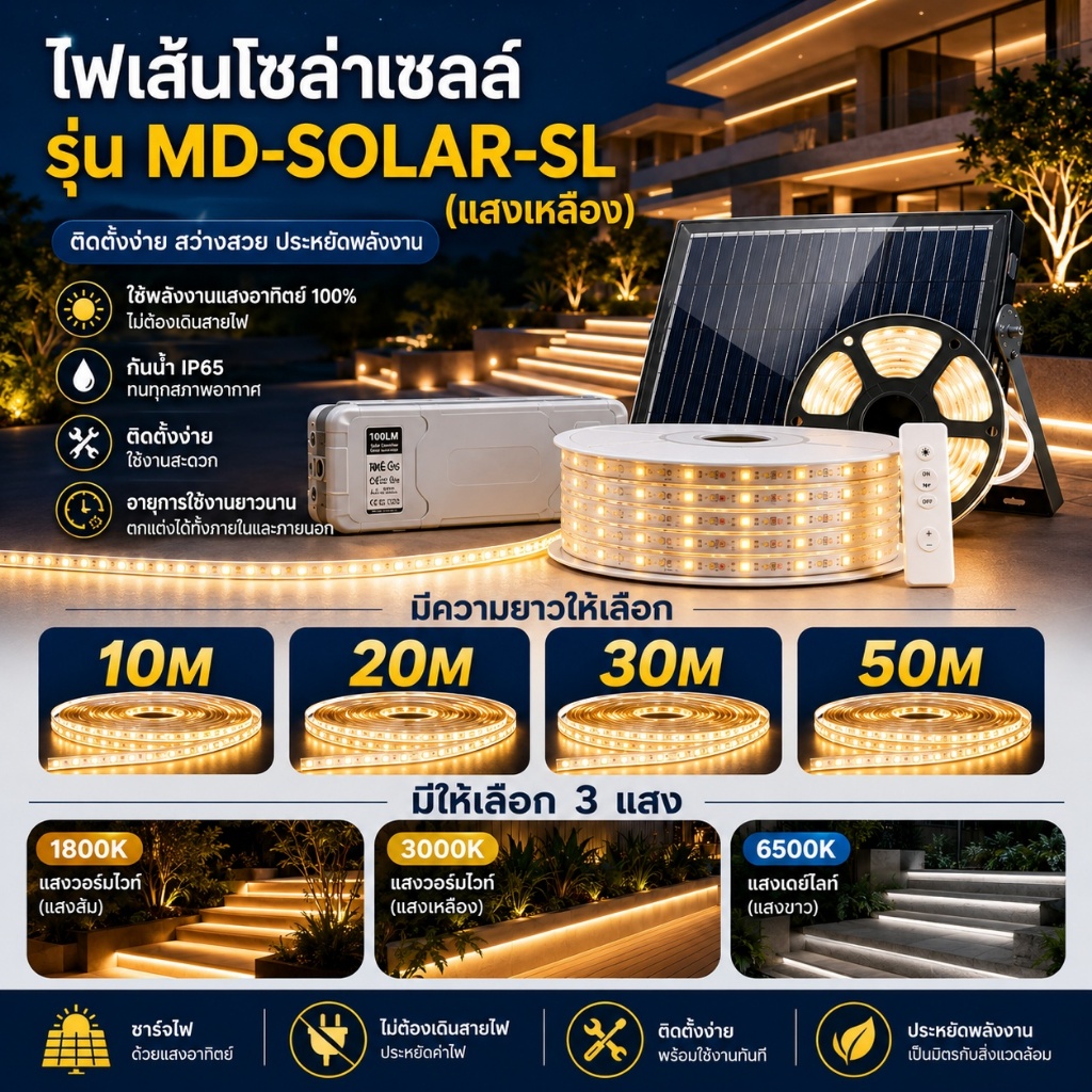 ไฟโซล่าเซลล์ LED Stripไฟเส้น มีตัวเลือก 10/20/30/50เมตร 3000K พร้อมชุดรีโมทควบคุม สำหรับตกแต่งห้อง ซ่อนฝ้าได้ กันน้ำIP65