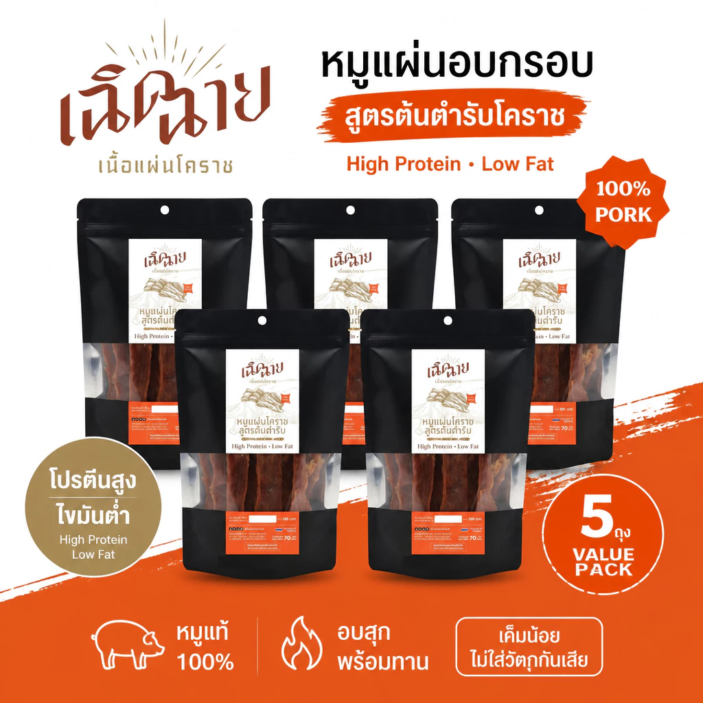 หมูแผ่นโคราชอบ 5 ชิ้น อบพร้อมทาน หมูแผ่นอบแห้ง ของกินเล่น เคี้ยวเพลิน พร้อมส่ง
