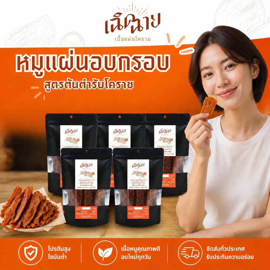 หมูแผ่นโคราชอบ 5 ชิ้น อบพร้อมทาน หมูแผ่นอบแห้ง ของกินเล่น เคี้ยวเพลิน พร้อมส่ง thumbnail 6