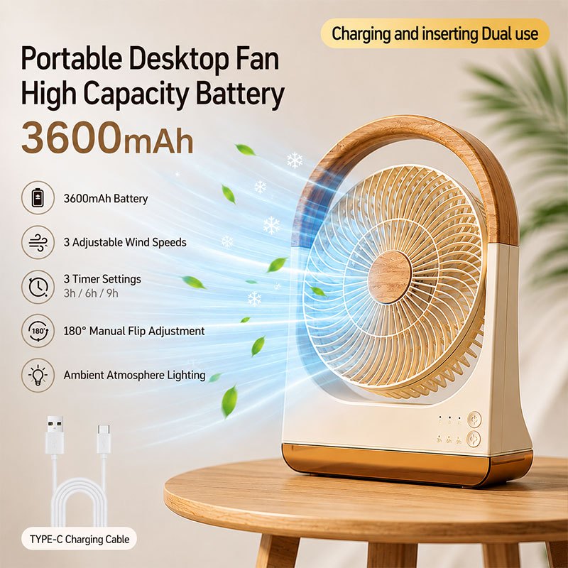 Desktop Fan, Rechargeable & Plug-in Dual Use, 3600mAh Battery, 3 Wind Speed Levels, Timer Function, 180° Adjustable Rota