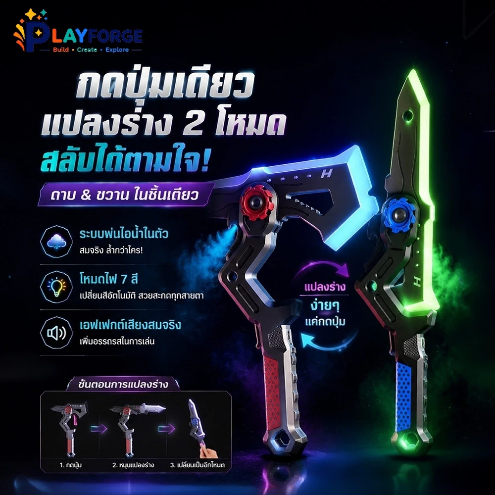 ของเล่นขวานดาบเลเซอร์2ใน1 แปลงร่างได้ เปลี่ยนแสงได้หลายสี มีระบบพ่นสเปรย์