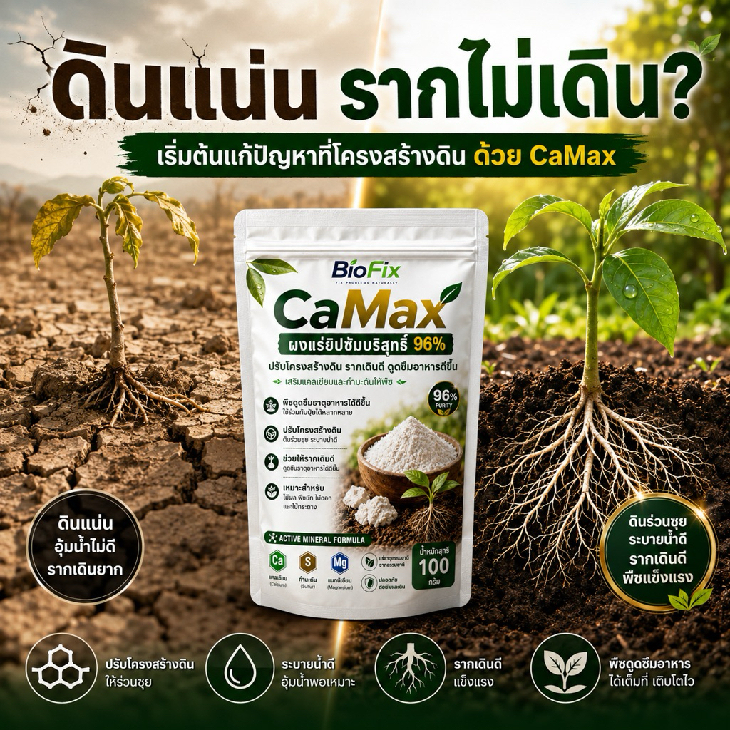 BioFix CaMax ผงยิปซัมบริสุทธิ์ 96% แคลเซียม-กำมะถัน ปรับโครงสร้างดิน รากเดินดี ดูดซึมอาหารดีขึ้น 100g