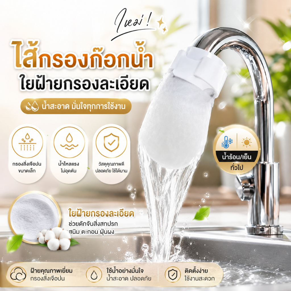 FanKe ถุงกรองน้ำก๊อก แผ่นกรองน้ำก๊อก ไส้กรองก๊อกน้ำผ้าฝ้าย ไส้กรองแบบหนาอเนกประสงค์ กำจัดตะกอนคราบสนิท กันน้ำกระเด็น ติด