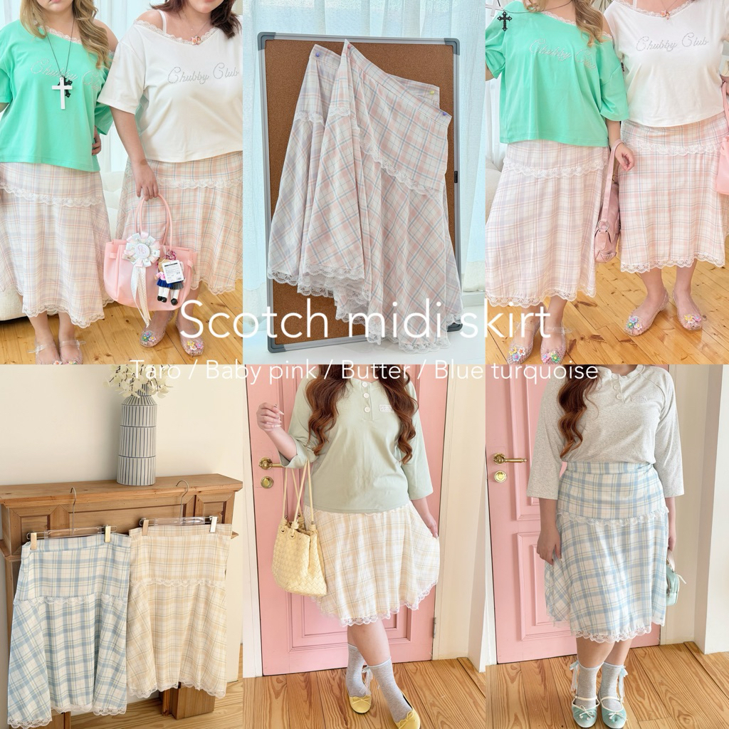 Chubbygirlbkk - Scotch midi skirt กระโปรงยาว ผ้าสก้อต สีพาสเทล มีซับในไม่ต้องกลัวบางแต่งลูกไม้