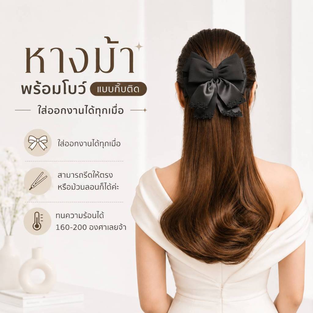 แฮร์พีชหางม้า หางม้าแบบหนีบ แบบกิ๊บสปริง ใช้งานสะดวก งานสวยเน้นคุณภาพ สินค้าพร้อมส่งในไทย วิกหางม้าสุดเก๋ ตกแต่งด้วยโบว์