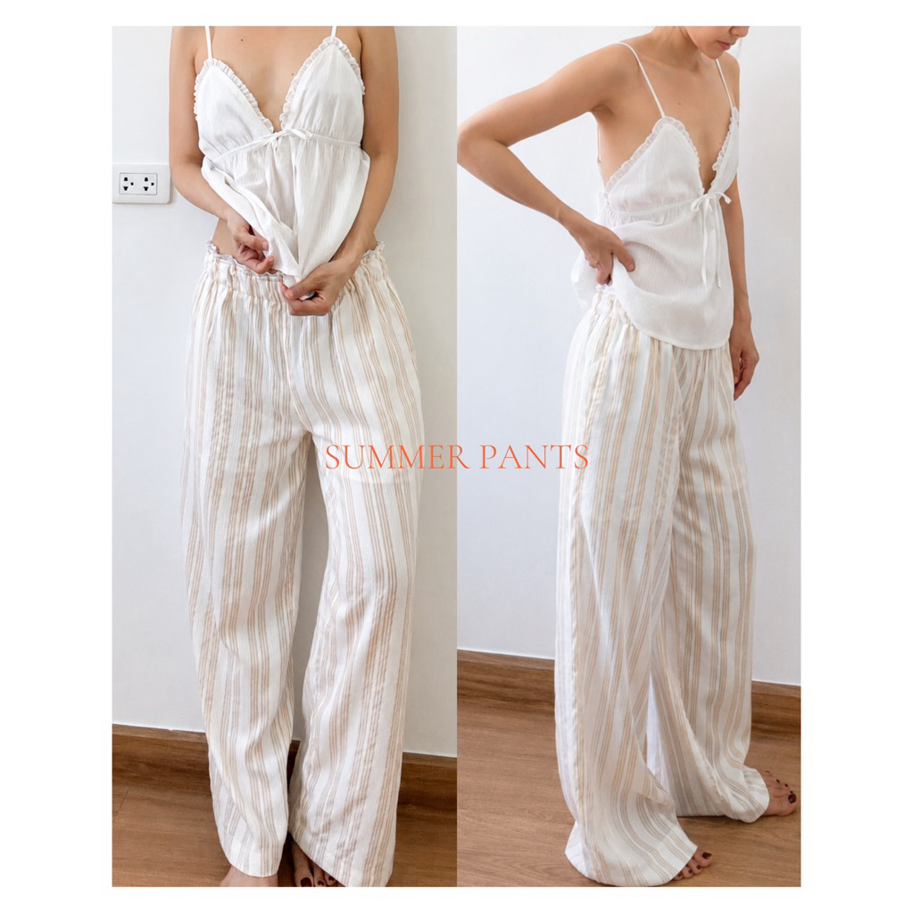funnybunny - กางเกงขายาวลายริ้วรุ่น Summer pants ผ้าลินิน มีซับใน กระเป๋า 2 ข้าง ดีเทลขอบยางแต่งลูกไม้ผ้าคอนตอน