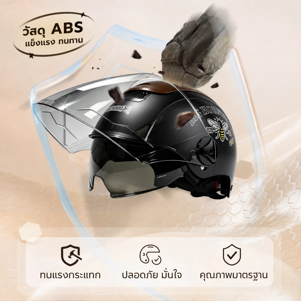 AUS หมวกกันน็อคครึ่งใบ เลนส์สองชั้น ระบายอากาศ น้ำหนักเบา ปรับระดับ หัวรอบ 52-62cm thumbnail 4