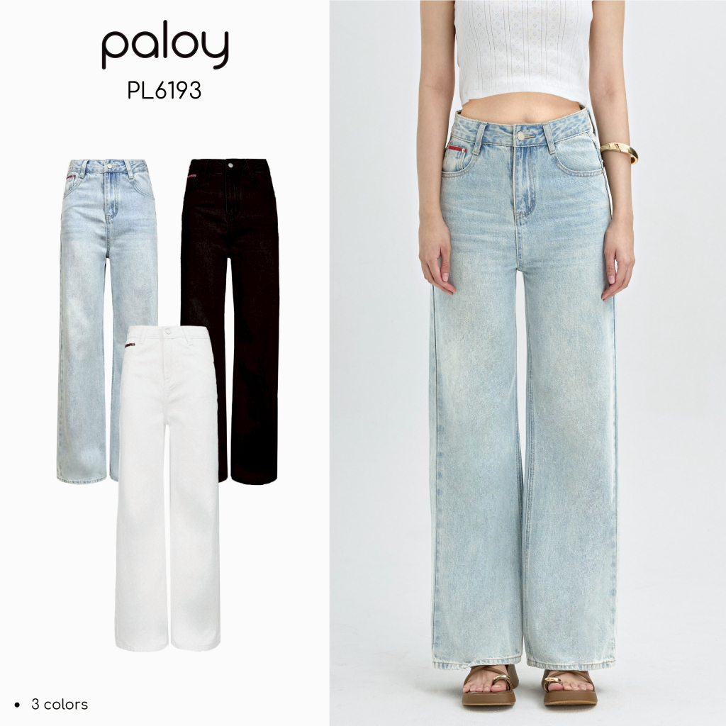 [Best Seller] Paloy - PL6193 กางเกงยีนส์ขากระบอกกลาง กระเป๋าแต่งด้ายแดง