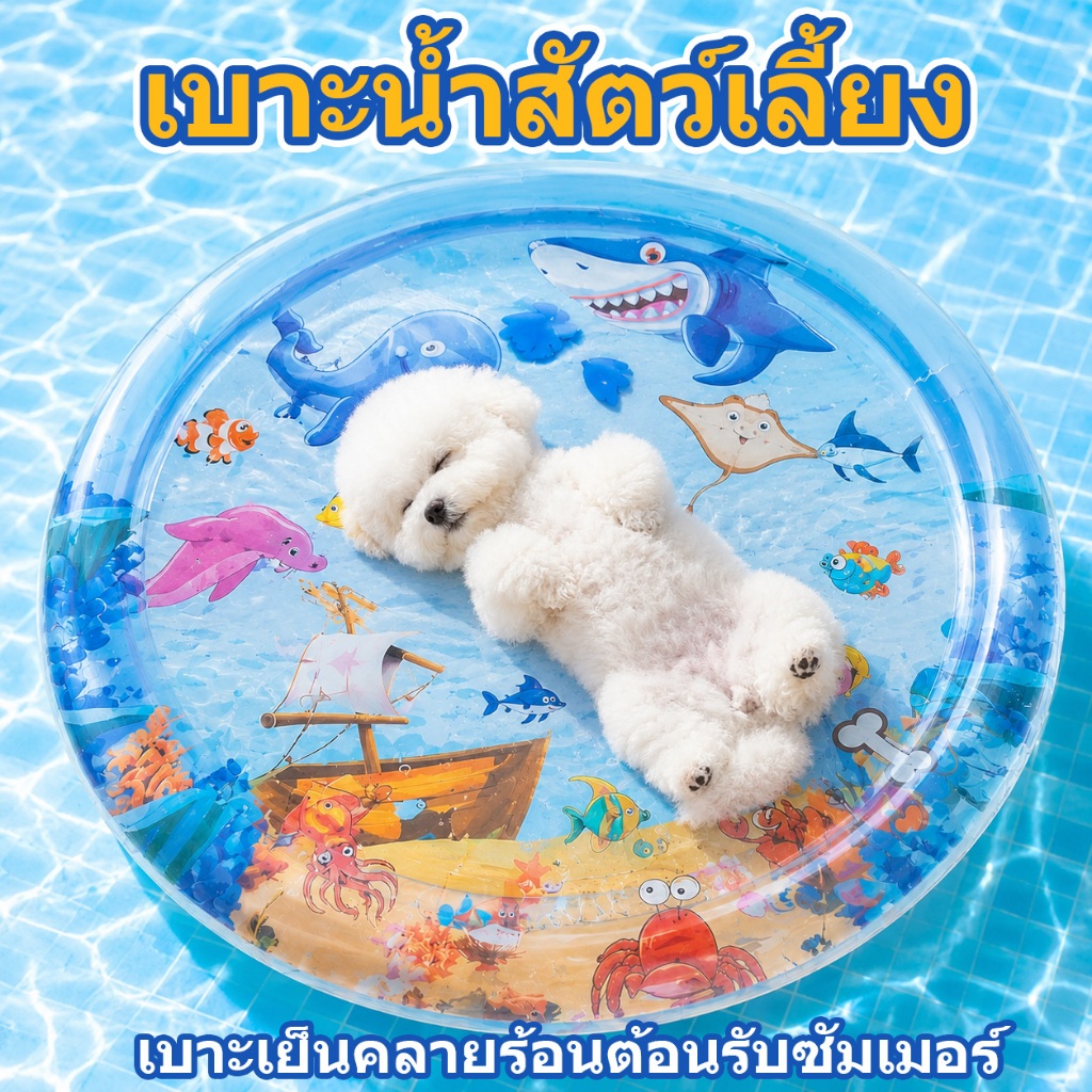 สัตว์เลี้ยงเสื่อน้ำ ที่นอนเย็น เบาะน้ำพองลม 3 มิติ พร้อมปูปลาดุ้กดิ้กในน้ำ ของเล่นแมว หนาขึ้น