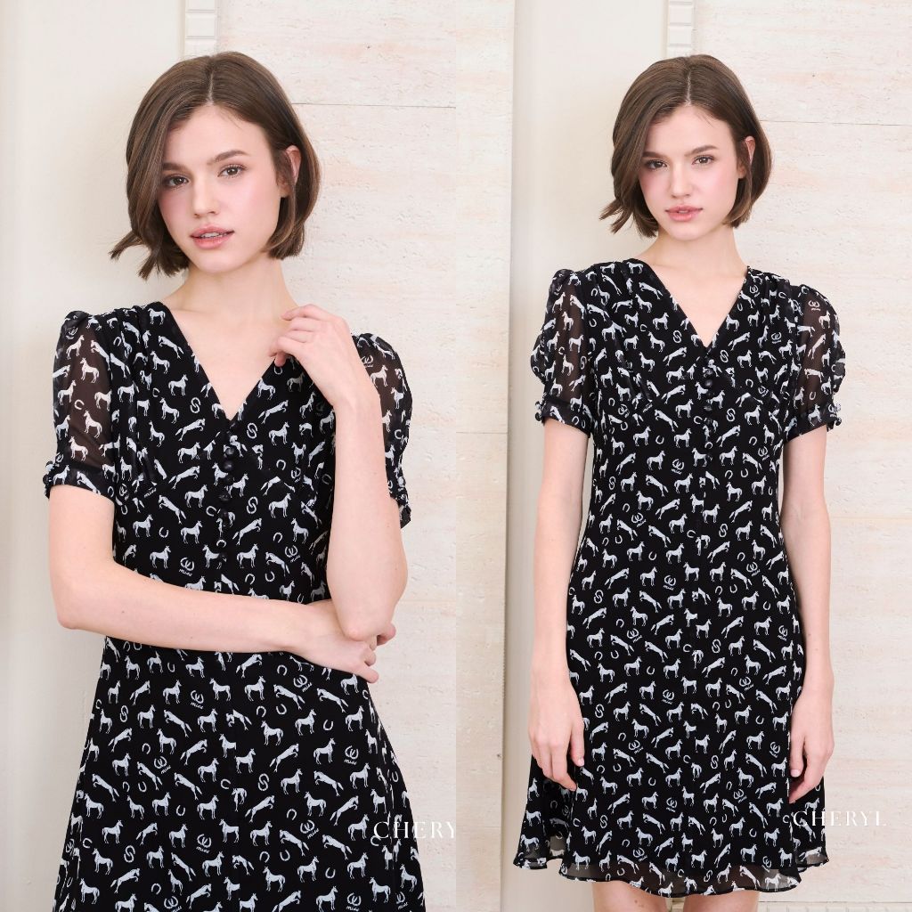 Cheryl brand - Madelia Dress in Black White Unicorn Print / เดรสั้นสีดำ พิมพ์ลาย