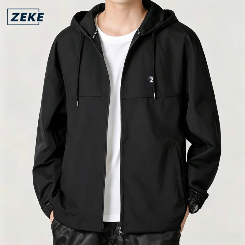 ZEKE C0047 แจ็คเก็ตมีฮู้ดกันน้ำสองสี กระเป๋าแบบกันลม แจ็คเก็ตบอมเบอร์อเนกประสงค์สำหรับใส่ลำลองและดูดีมีสไตล์