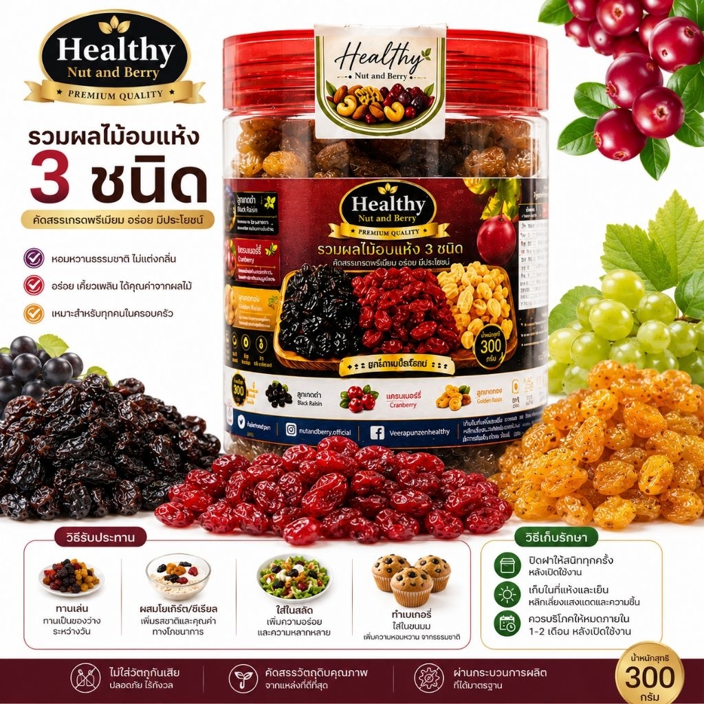 Healthy Nut and Berry ผลไม้อบแห้งรวม 3 ชนิด 300 กรัม ลูกเกดดำ แครนเบอร์รี่ ลูกเกดทอง พร้อมทาน กระปุกใหญ่ คัดสรรพรีเมียม