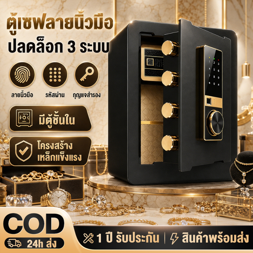 ตู้เซฟ ตู้เซฟลายนิ้วมือ 45cm Safe Box สีดำ มีตู้ภายใน ปลดล็อก 3 ระบบ ลายนิ้วมือ/รหัส/กุญแจ หน้าจอดิจิทัล