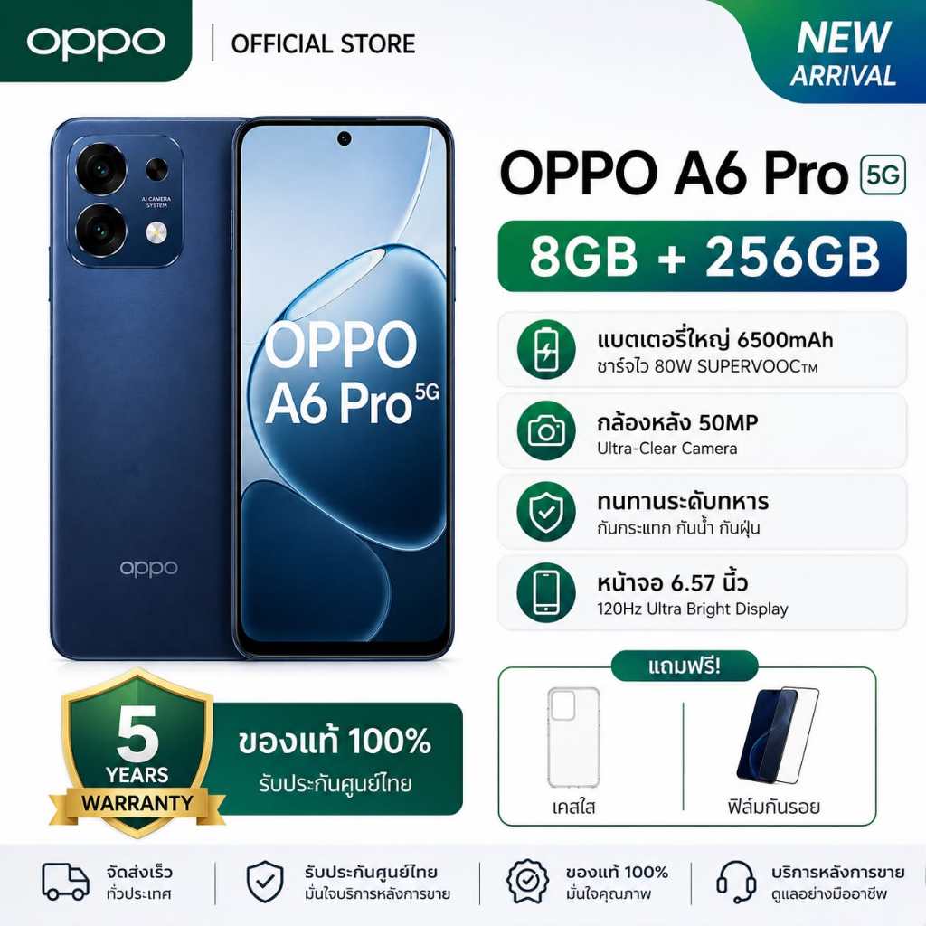 สมาร์ทโฟน OPPO A6 Pro 5G (8+256GB) มาพร้อมหน้าจอ 6.67 นิ้ว ความถี่ 120Hz แบตเตอรี่ 6500mAh และรองรับ 5G