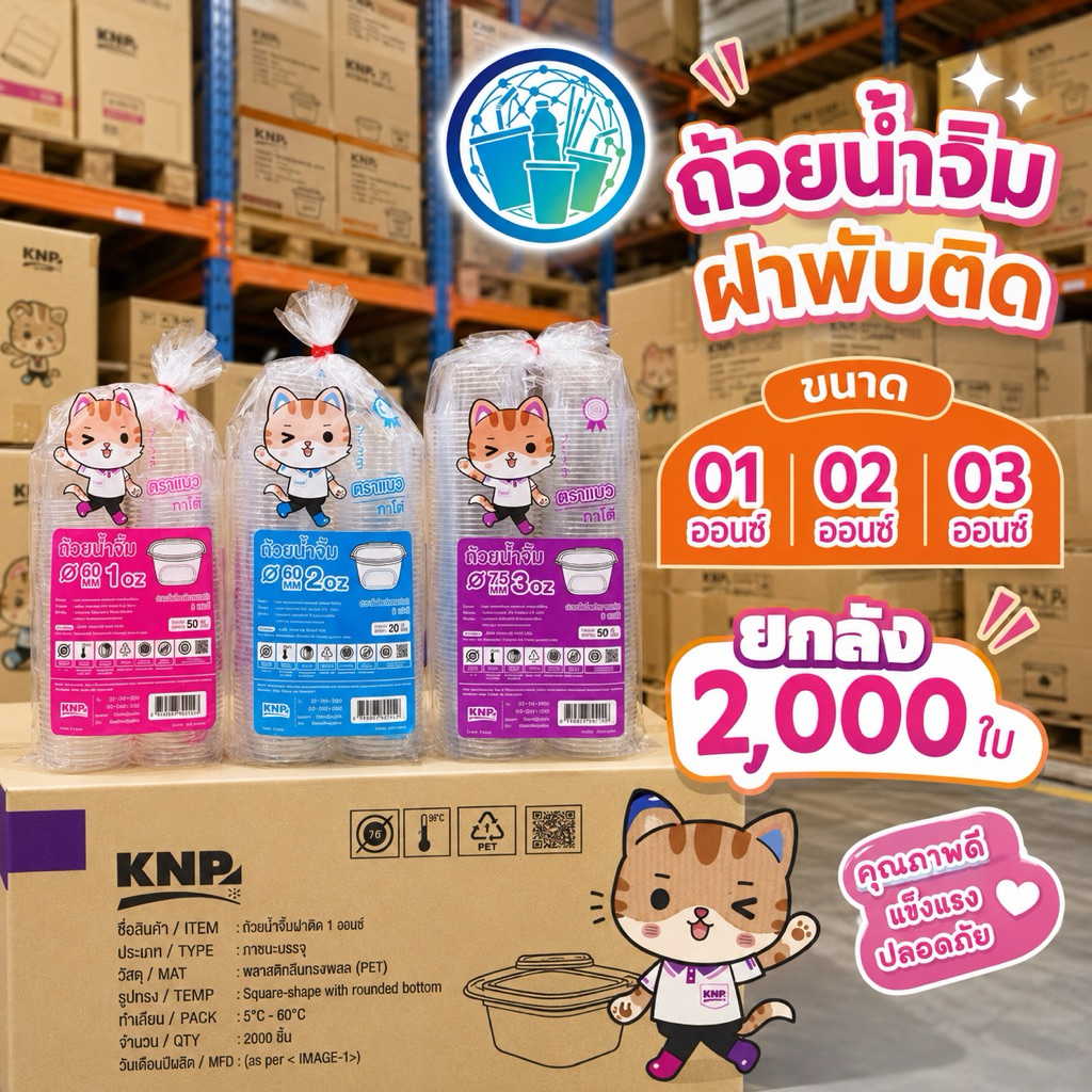 ถ้วยน้ำจิ้ม PET ฝาพับติด ขนาด 01,02,03 ออนซ์ ตราแมวการโต ยกลัง 2000 ใบ