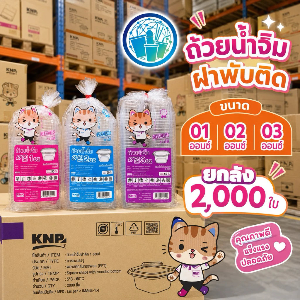 ถ้วยน้ำจิ้ม PET ฝาพับติด ขนาด 01,02,03 ออนซ์ ตราแมวการโต ยกลัง 2000 ใบ