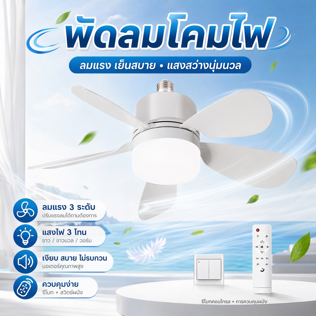 100W E27 ไฟพัดลมเพดาน LED ไฟพัดลมห้องนั่งเล่น/ห้องนอน ถอดออกได้ ปรับแสงได้ ไฟพัดลมติดเพดาน พร้อมรีโมท