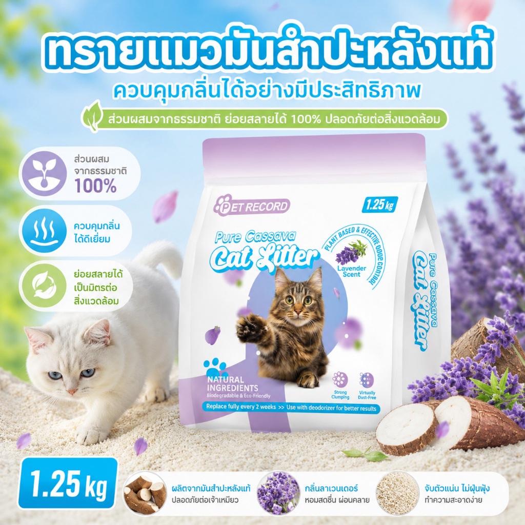 ทรายแมวจากมันสำปะหลังแท้ 100% ขนาด 1.25 กก. กล่องใส่ทรายแมว, ทร ฝุ่นน้อย ปลอดภัย เป็นมิตรต่อสิ่งแวดล้อม และย่อยสลายได้ทา