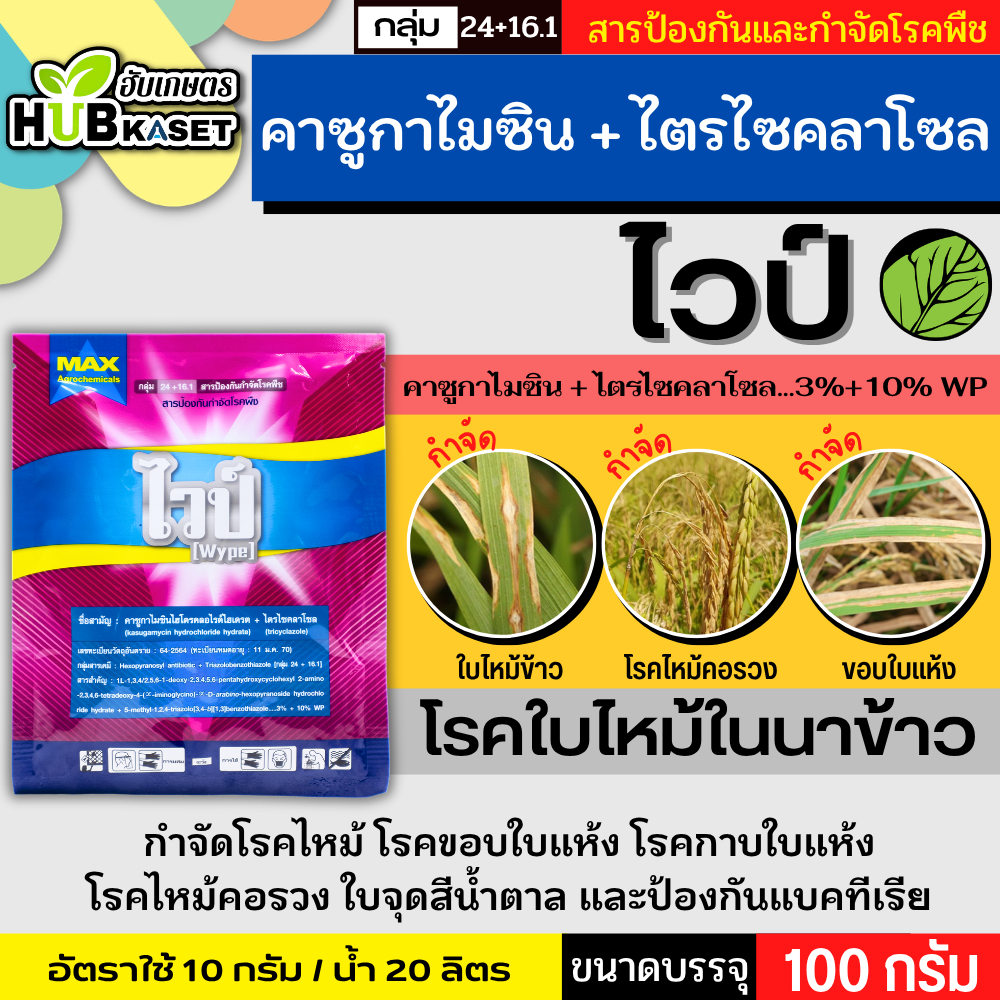 ไวป์ 100กรัม (คาซูกาไมซิน+ไตรไซคลาโซล) โรคไหม้ ขอบใบแห้ง กาบใบแห้ง ไหม้คอรวง