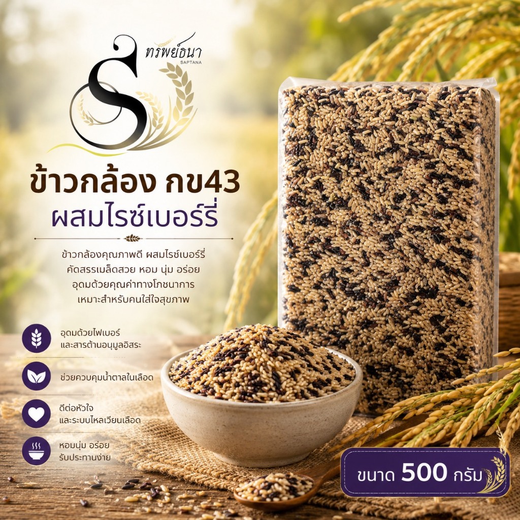 ข้าวกล้องผสมไรซ์เบอร์รี่ 500กรัม หุงง่าย อิ่มอร่อยทุกมื้อ ตราทรัพย์ธนา