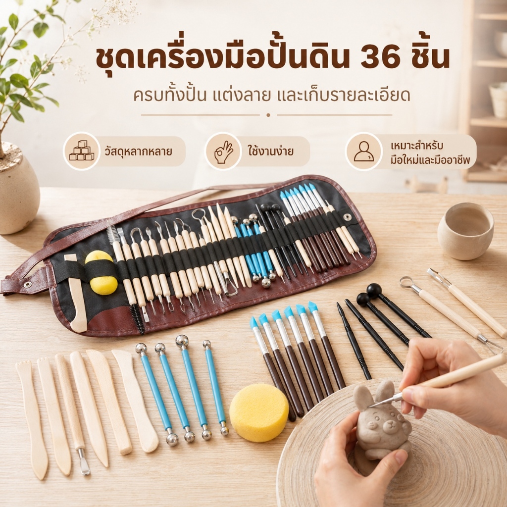 🌟ชุดเครื่องมือปั้นดิน พร้อมกระเป๋าเก็บ 25 และ 36 ชิ้น ในชุดมีไม้ปั้นหลากหลายขนาด พกพาสะดวก
