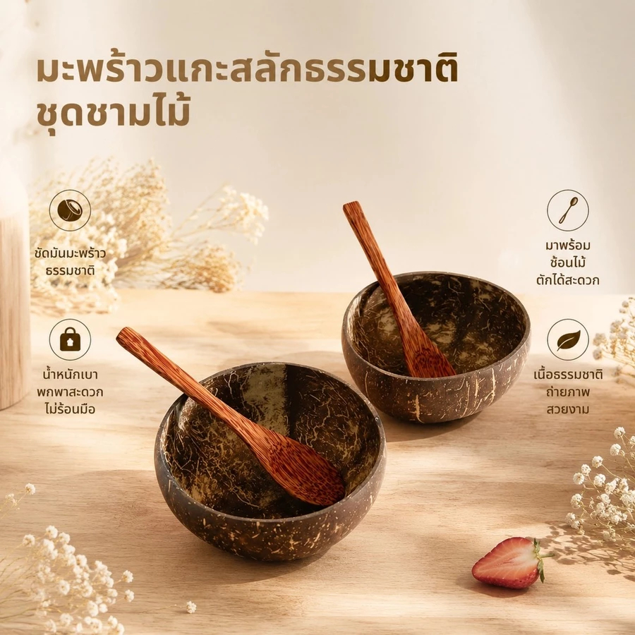 Luxe-T ชามมะพร้าวธรรมชาติทำด้วยมือชามมะพร้าวไม้สำหรับรับประทานอาหารช้อนส้อมสำหรับขนมหวานสลัดผลไม้ผสมข้าวค็อด