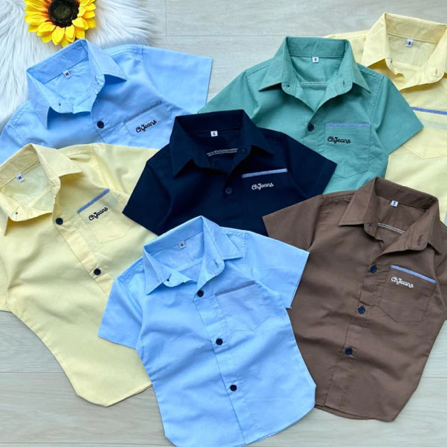 เสื้อเชิ้ตเด็กแขนสั้น คอปกสีพื้น พร้อมส่ง