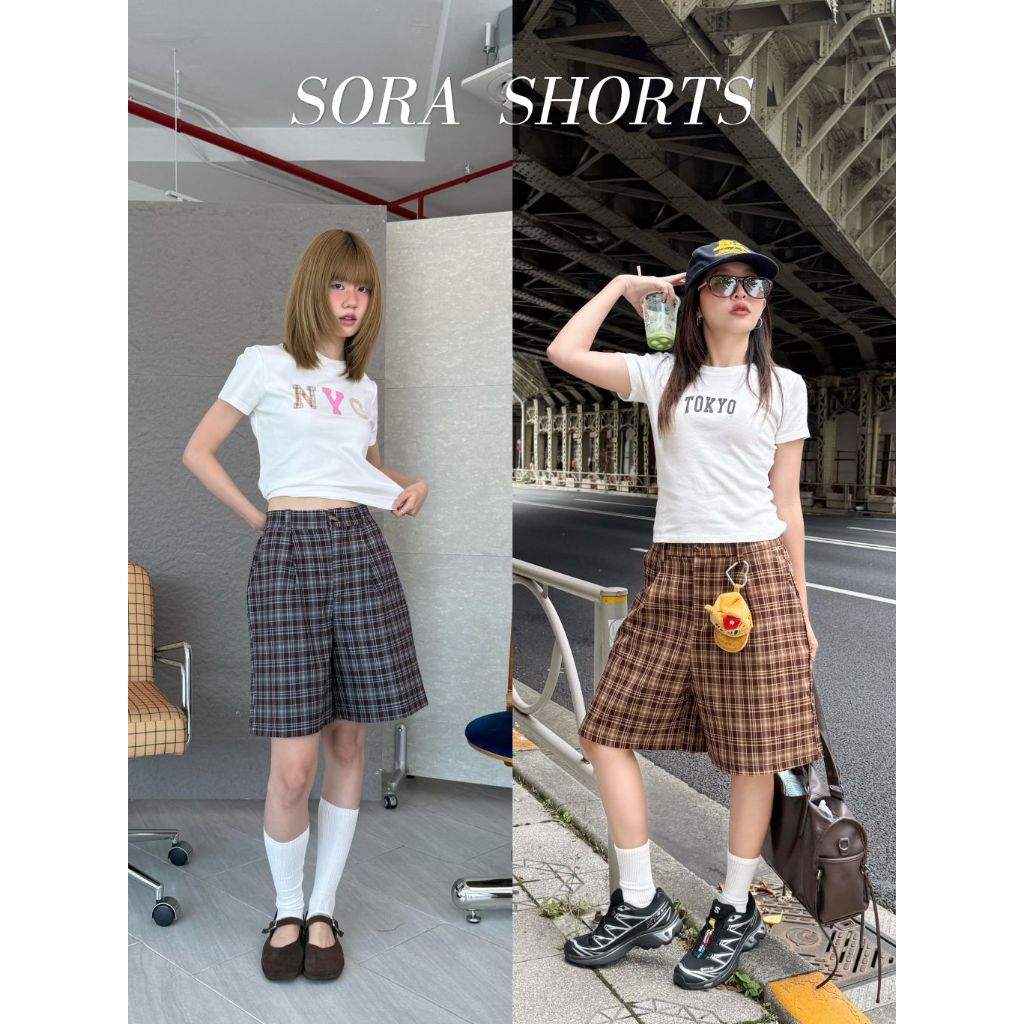 SORA SCOTT PANTS - ขาสั้น 3 ส่วน เอวสม็อค ลายสก็อต  (ส่งด่วน)