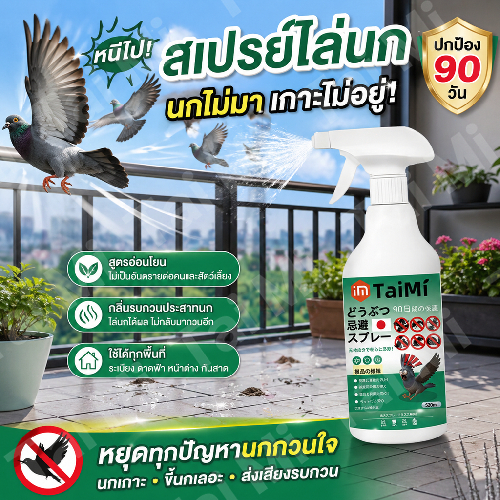 สเปรย์ไล่นก 520ml สูตรสมุนไพร กันนกเกาะ ระเบียง หน้าต่าง ไล่นกพิราบ ลดปัญหาขี้นก ใช้งานง่าย