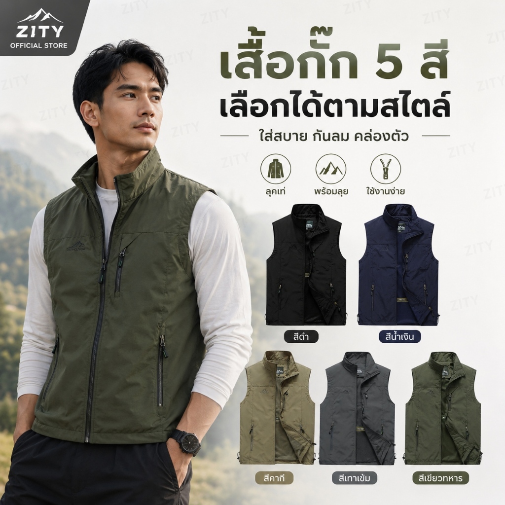 แฟลชเซลส์🔥เสื้อกั๊กแขนกุดสำหรับผู้ชาย กันน้ำใส่สบาย ระบายอากาศ มีกระเป๋า M-5XL
