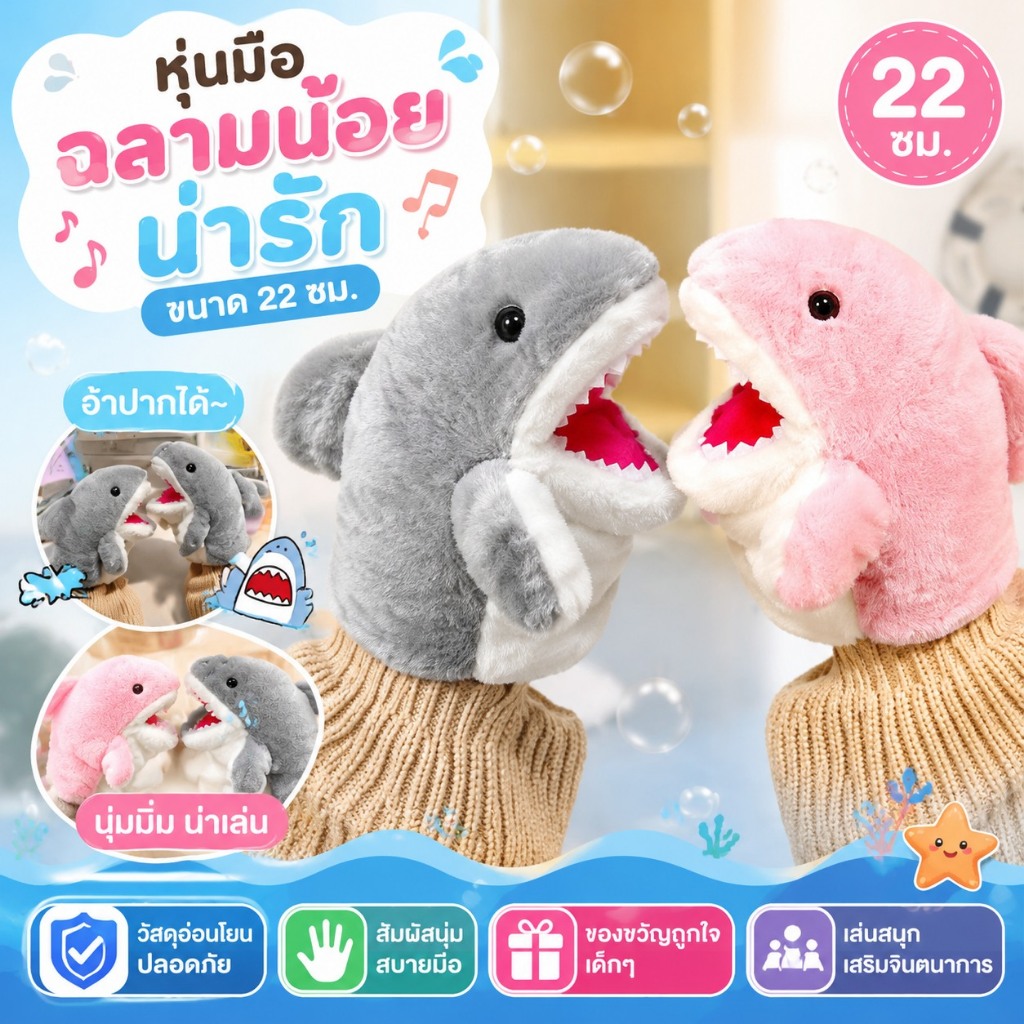 หุ่นมือฉลามน้อยน่ารักขนาด 22ซม. ถุงมือของเล่นตุ๊กตาสัตว์หุ่นมือฉลามแขนอ้าปากถุงมือตุ๊กตาของขวัญวันเก