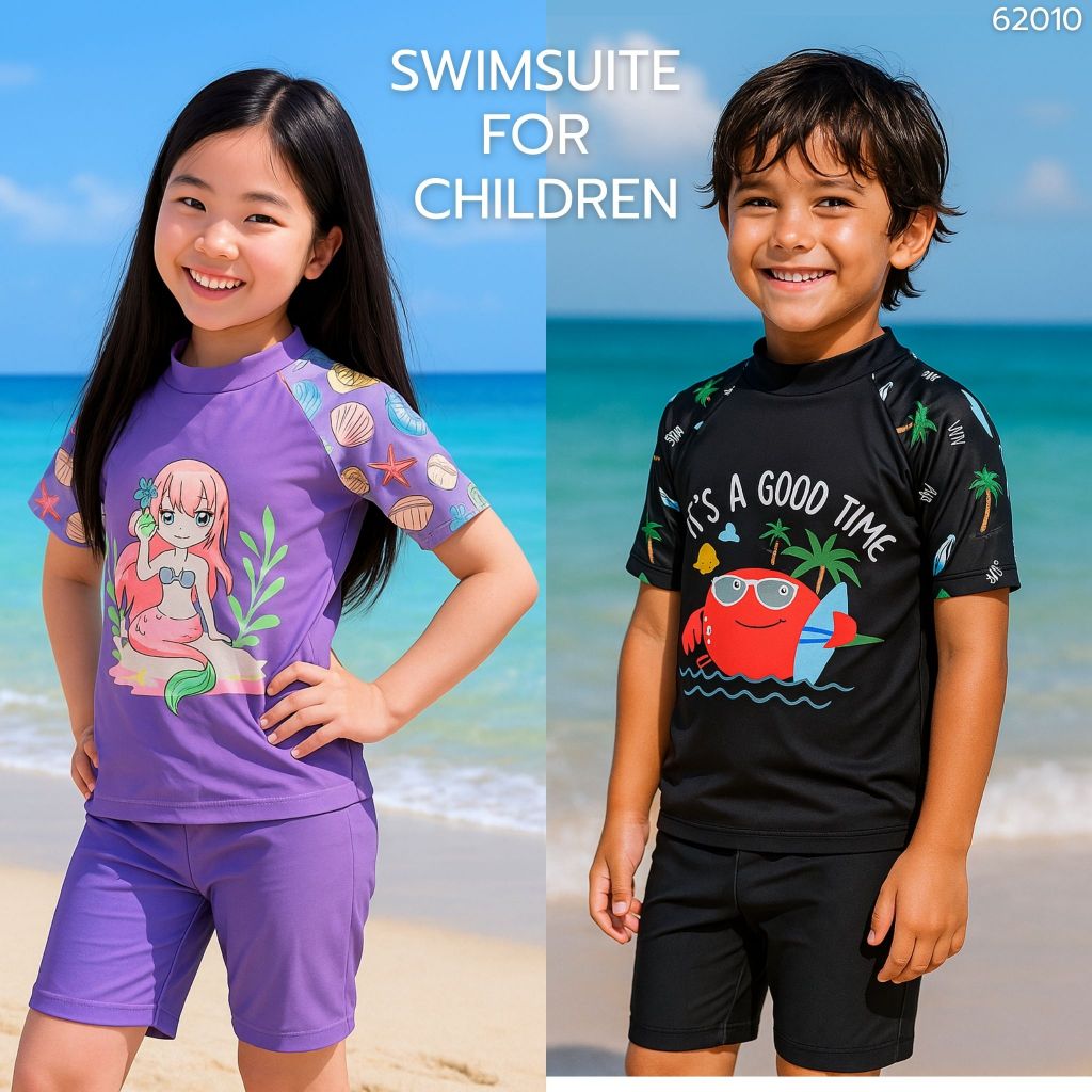 ชุดว่ายน้ำเด็ก 2ชิ้น เสือแขนสั้นกางเกงขาสั้น พิมพ์ลายแฟชั่น สีสดใส ลายใหม่ 62010