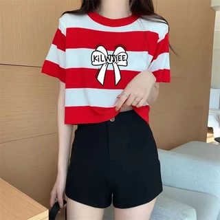 เสื้อครอปแขนสั้น oversize เสื้อผ้าสาวอวบน่ารักๆ เสื้อยืดลายทางผู้หญิงแฟชั่นฤดูร้อนใหม่ เรียบง่าย สีพิเศษ ลายทางสีสวย 3XL