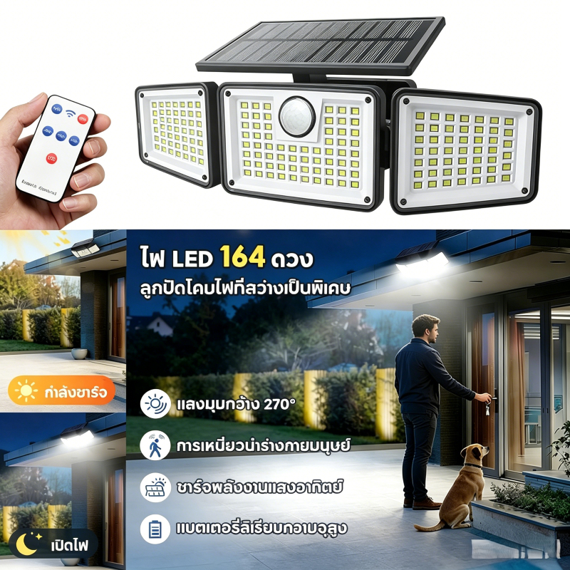 ไฟโซล่าเซลล์ติดผนัง 3 หัว LED 164 ดวง เซนเซอร์ตรวจคน+รีโมท กันน้ำ IP65 สำหรับสวน ที่จอดรถ กลางแจ้งบ้าน